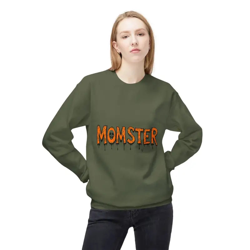 Olive green long-sleeved Momster sweatshirt with dripping letter design for women