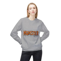 Woman wearing gray crewneck sweatshirt with MOMSTER dripping orange text and skull detail