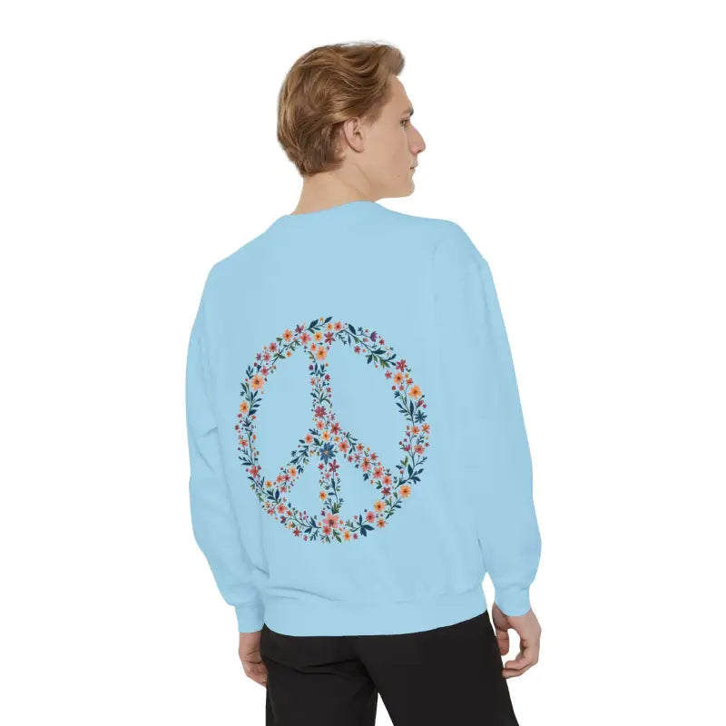 Floral Peace Sign Crewneck Sweatshirts in Light Blue Aqua and Yellow - Ocean State Styles