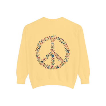 Yellow sweatshirt with floral peace sign from Crewneck Sweatshirts in Light Blue Aqua and Yellow