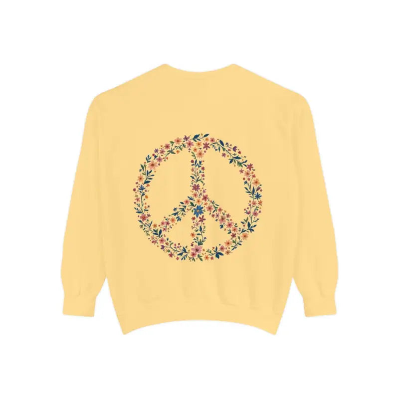 Yellow sweatshirt with floral peace sign from Crewneck Sweatshirts in Light Blue Aqua and Yellow