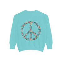 Floral Peace Sign Crewneck Sweatshirts in Light Blue Aqua and Yellow - Ocean State Styles