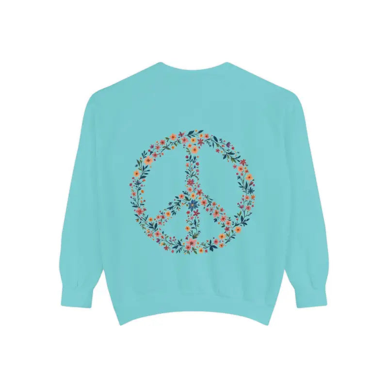 Turquoise sweatshirt featuring a floral peace sign design as part of Crewneck Sweatshirts collection