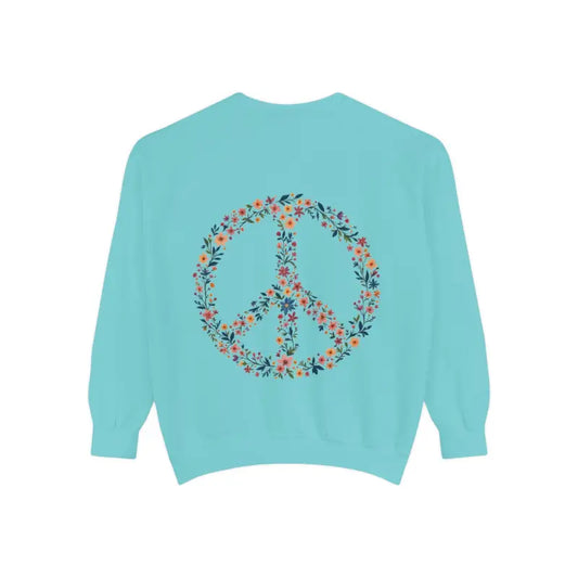 Floral Peace Sign Crewneck Sweatshirts in Light Blue Aqua and Yellow - Ocean State Styles