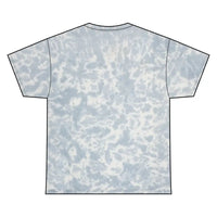 Light blue and white tie-dye spiral T-shirt with inspirational text displayed