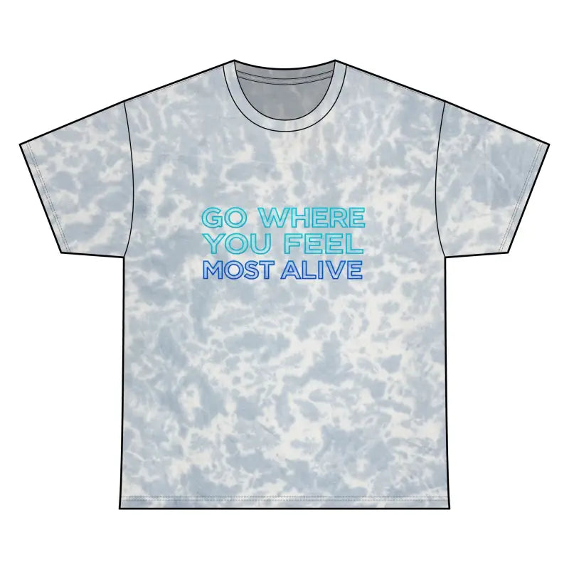 Light blue and white tie-dye short-sleeve crew neck T-shirt with inspirational text