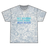 Light blue and white tie-dye short-sleeve crew neck T-shirt with inspirational text