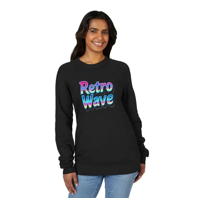 Dark gray long-sleeved crewneck sweatshirt with Retro Wave graphic and text