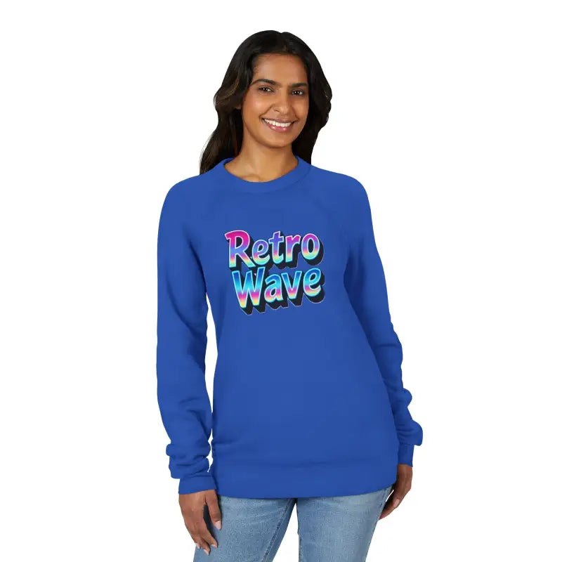 Dark gray crewneck sweatshirt featuring a retro wave graphic and long sleeves
