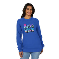 Dark gray crewneck sweatshirt featuring a retro wave graphic and long sleeves