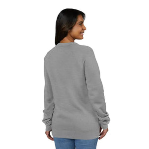 Dark gray crewneck sweatshirt with retro wave graphic paired with blue jeans for women