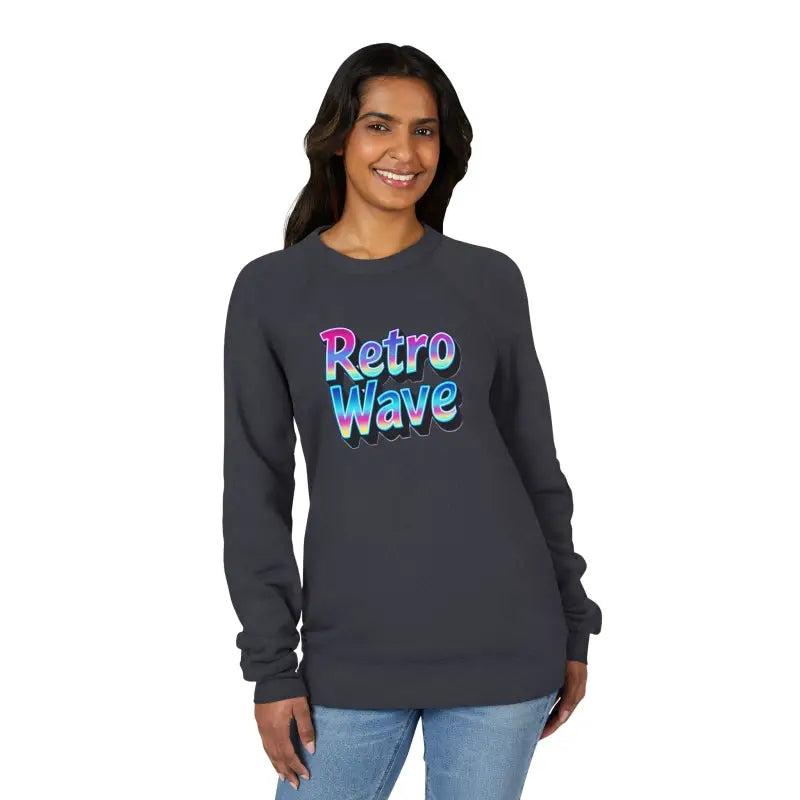 Woman wearing dark gray crewneck sweatshirt with Retro Wave colorful graphic design