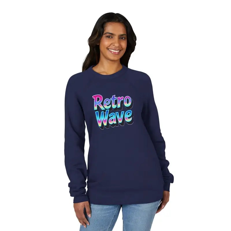 Woman wearing navy blue Retro Wave graphic long-sleeved sweatshirt