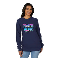 Woman wearing navy blue Retro Wave graphic long-sleeved sweatshirt