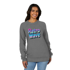 Woman wearing dark gray crewneck sweatshirt with Retro Wave graphic and raglan long sleeves