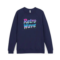 Navy blue long-sleeved sweatshirt with Retro Wave text design displayed in Dark Gray Crewneck Sweatshirt with Retro Wave Graphic