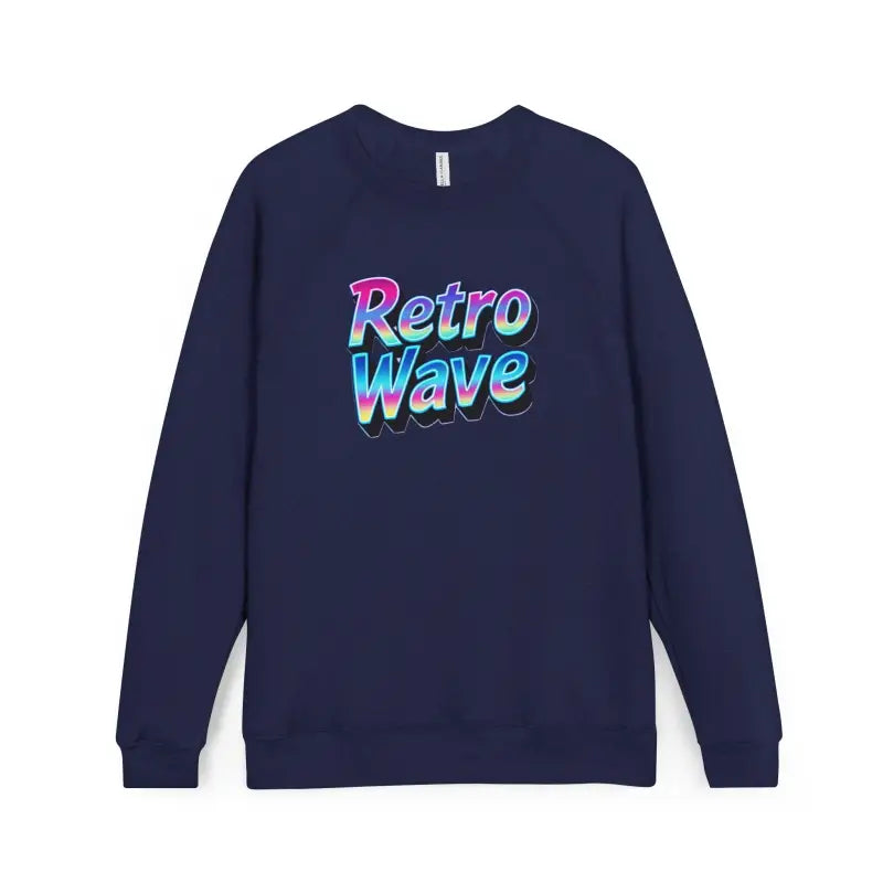 Navy blue long-sleeved sweatshirt with Retro Wave text design displayed in Dark Gray Crewneck Sweatshirt with Retro Wave Graphic