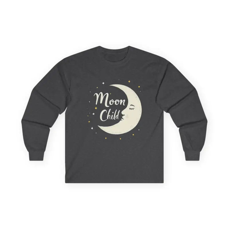 Dark gray long sleeve shirt featuring a Moon Child graphic for stylish casual wear