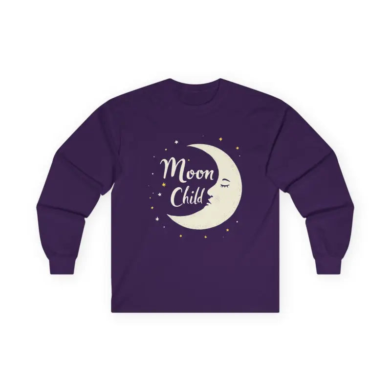 Purple long-sleeve T-shirt with crescent moon and stars design from Dark Gray Long Sleeve Moon Child Graphic Shirt collection