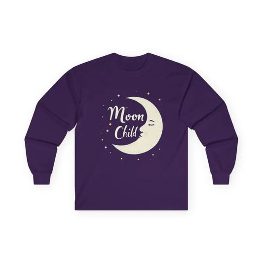 Purple long-sleeve T-shirt with crescent moon and stars design from Dark Gray Long Sleeve Moon Child Graphic Shirt collection