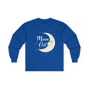 Dark gray long sleeve shirt featuring a blue Moon Child graphic design