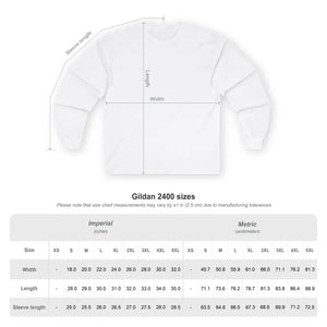 White long-sleeved T-shirt with size chart for Dark Gray Long Sleeve Moon Child Graphic Shirt