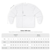 White long-sleeved T-shirt with size chart for Dark Gray Long Sleeve Moon Child Graphic Shirt