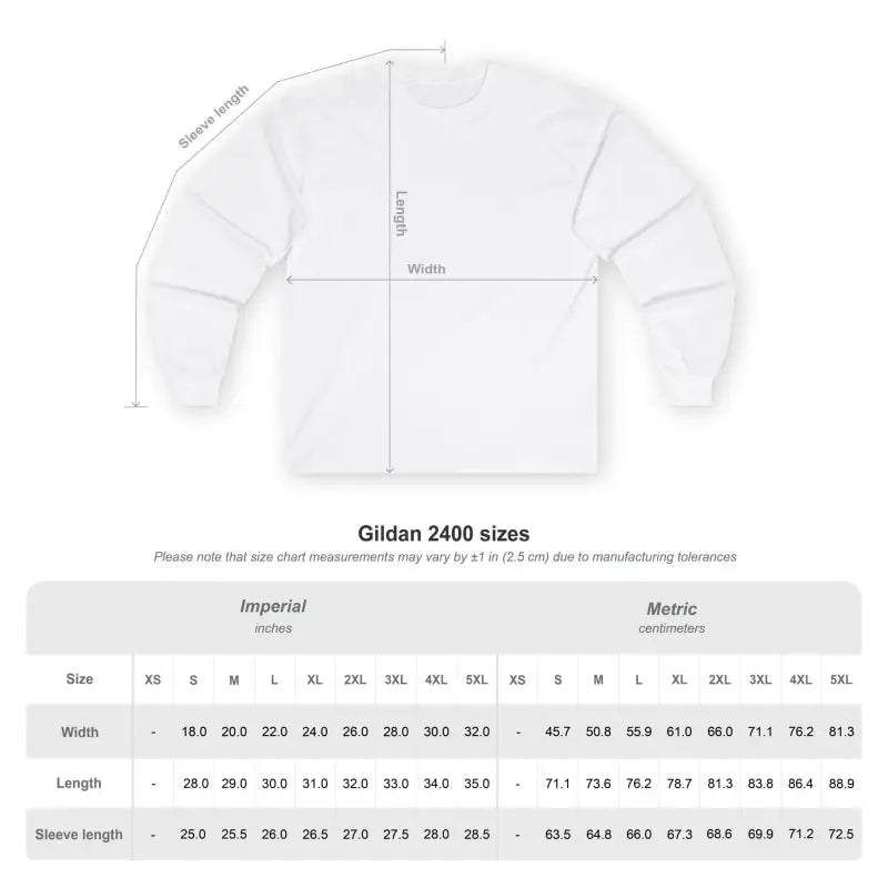 White long-sleeved T-shirt with size chart for Dark Gray Long Sleeve Moon Child Graphic Shirt