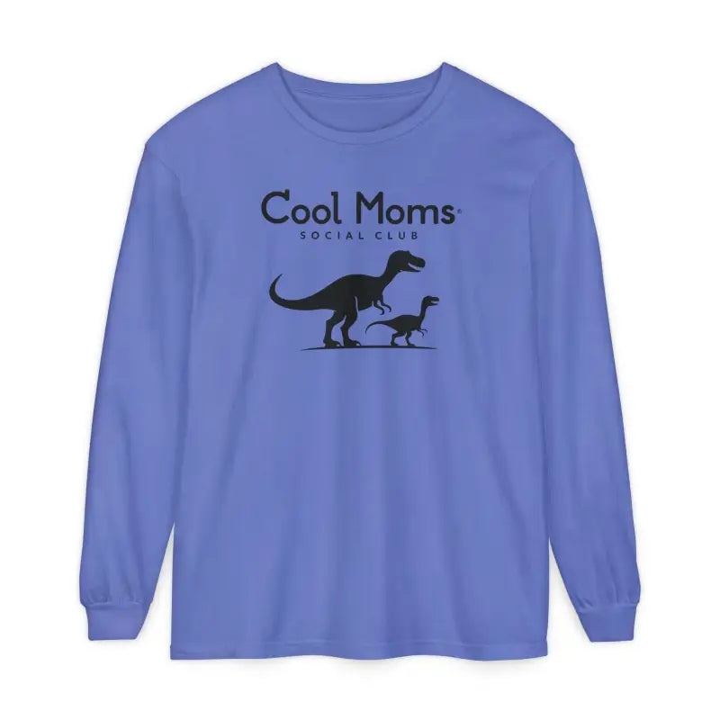 Long-sleeved periwinkle shirt featuring dinosaur graphic for Cool Moms Social Club