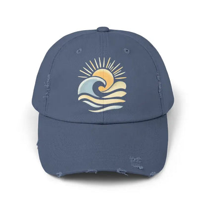 Distressed blue baseball cap featuring sun and wave design for unisex coastal style