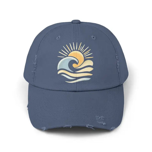 Distressed Baseball Caps with Sun and Wave Design - Ocean State Styles