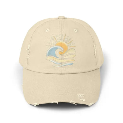 Distressed beige baseball cap featuring a sun and wave design for unisex wear