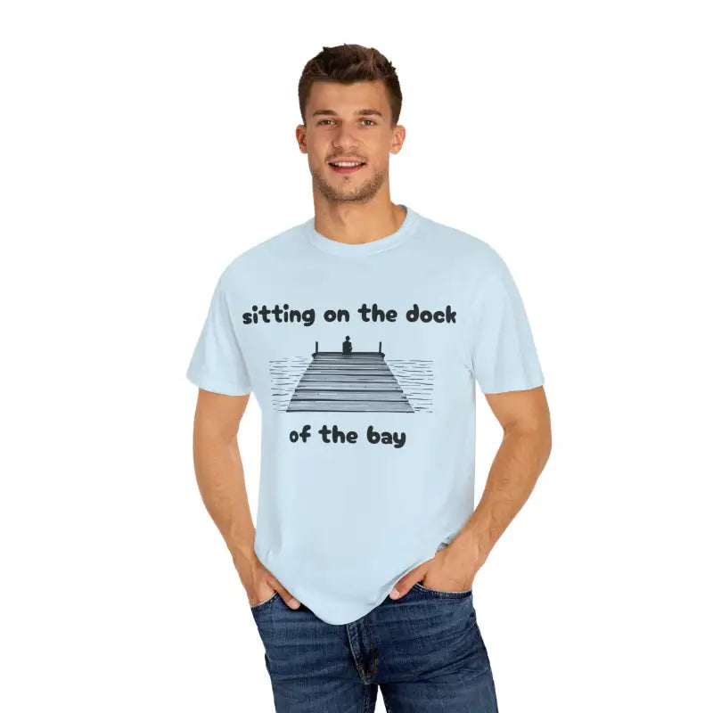 Light blue Dock Of The Bay Graphic T Shirt displayed attractively on a hanger