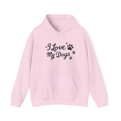 Pink hoodie featuring I Love My Dogs design ideal for dog lovers and pet enthusiasts