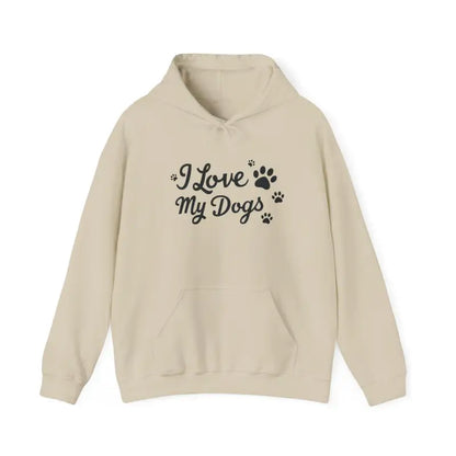 Beige Dog Lover Hoodie featuring I Love My Dogs design and playful dog-themed text