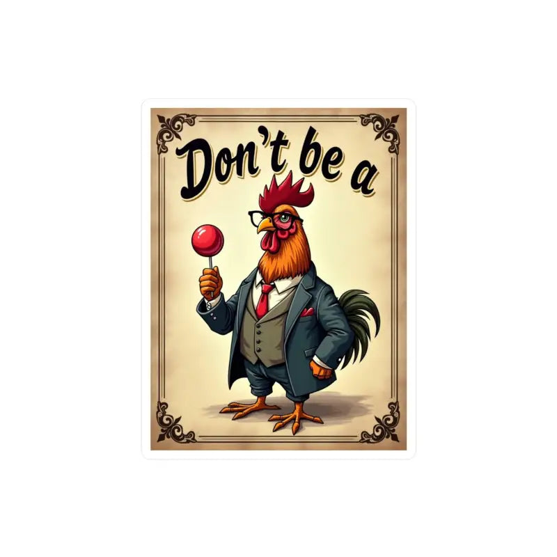 Cartoon rooster in a suit holding a lollipop for Dont Be A Rooster sticker design