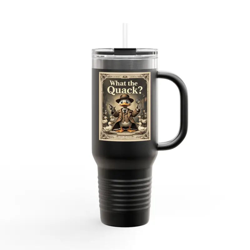 Black travel mug featuring a duck cartoon, part of the Duck Cartoon Insulated Tumbler 40oz