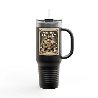 Black travel mug featuring a duck cartoon, part of the Duck Cartoon Insulated Tumbler 40oz