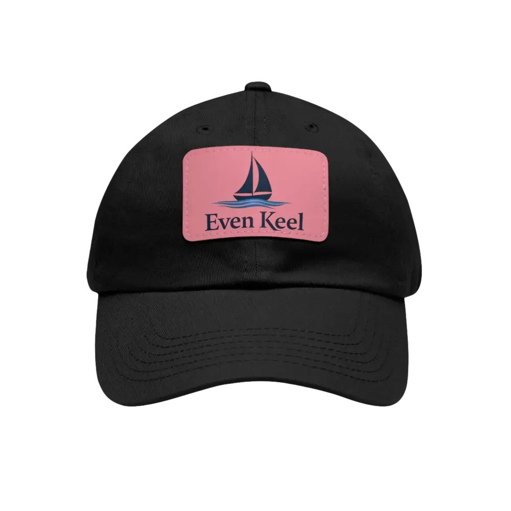 Black baseball cap featuring a sailboat patch from Even Keel Branded Dad Hat