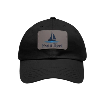 Black baseball cap featuring a sailboat patch, Even Keel Branded Dad Hat design