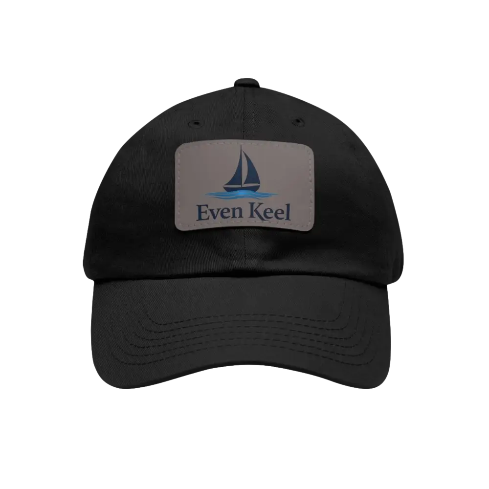 Black baseball cap featuring a sailboat patch, Even Keel Branded Dad Hat design