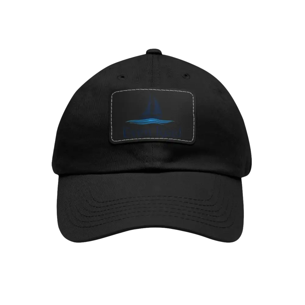 Black baseball cap featuring a blue sailboat design patch for Even Keel Branded Dad Hat
