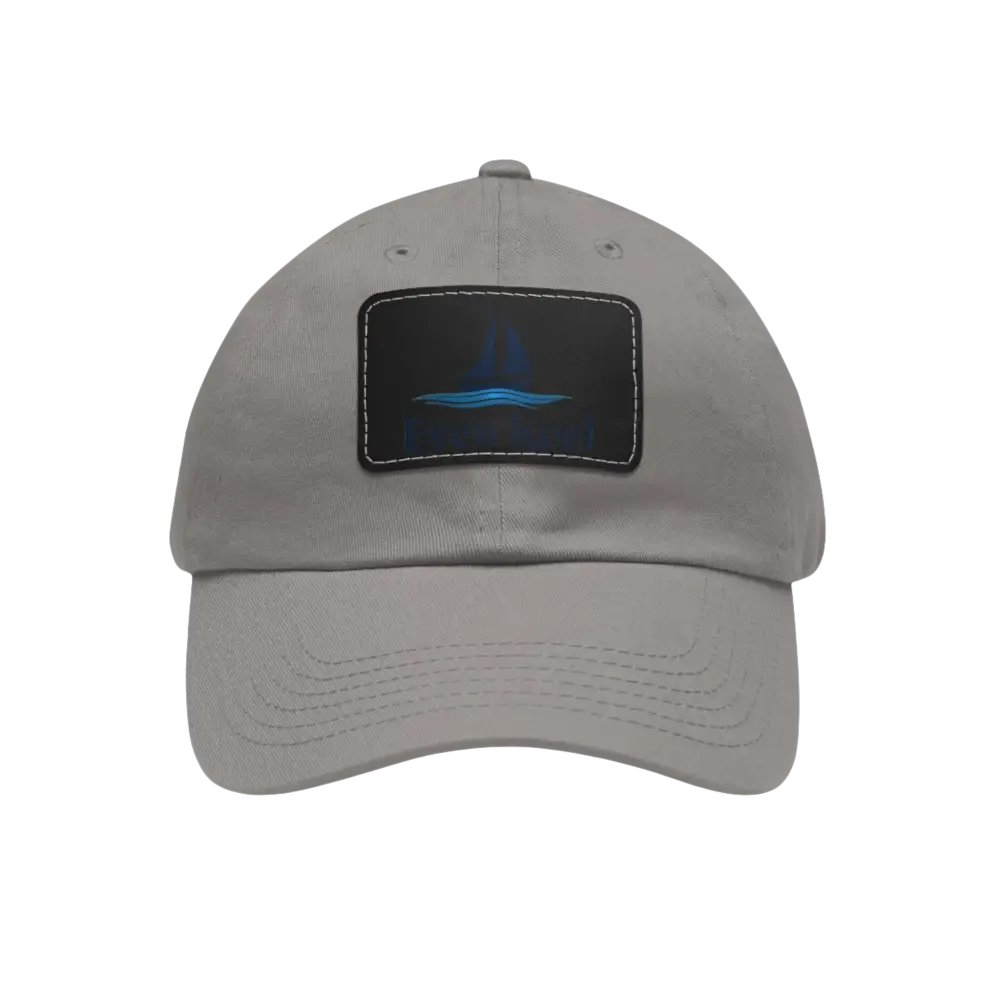 Gray Even Keel branded Dad Hat featuring a black sailboat patch