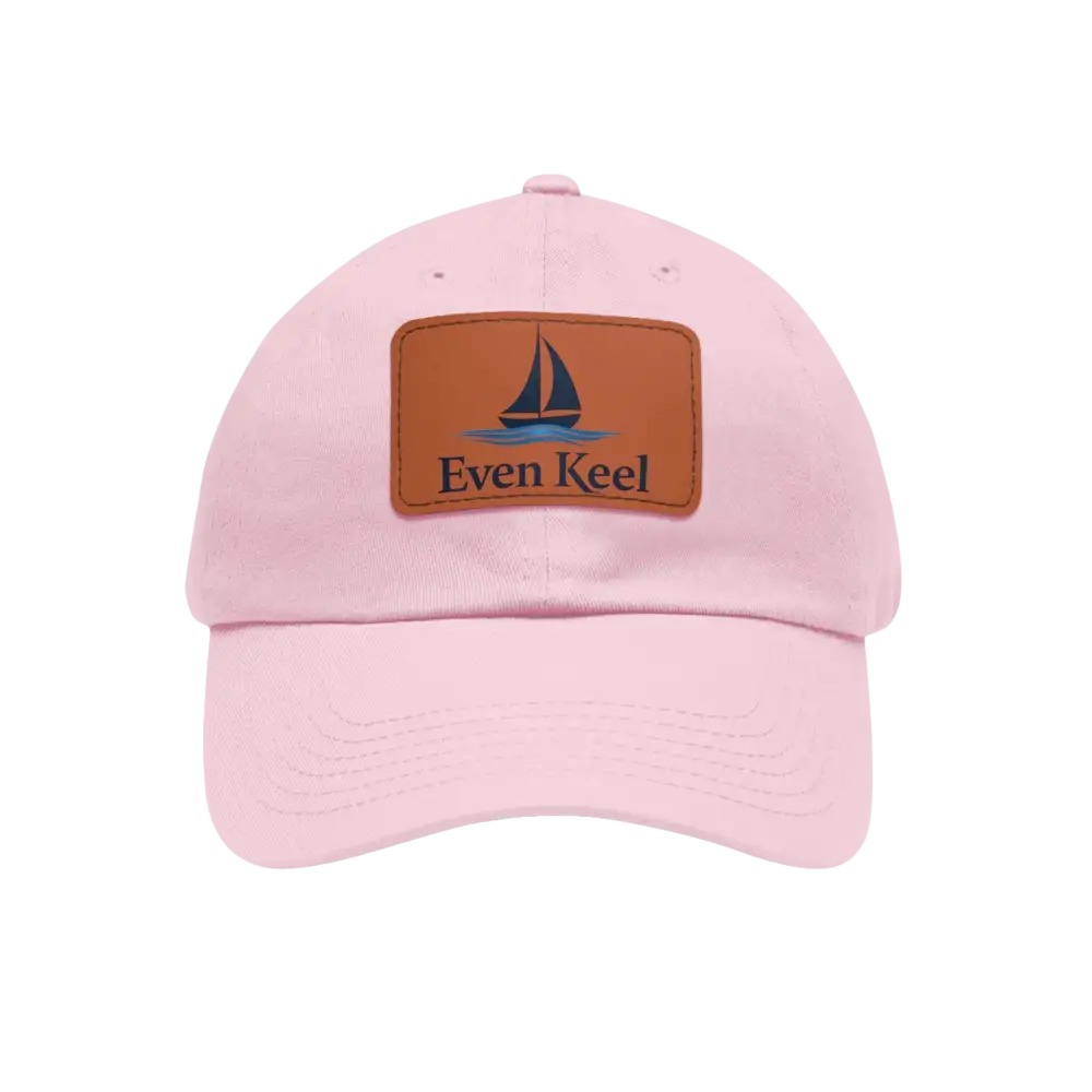 Pink baseball cap featuring a sailboat patch, Even Keel Branded Dad Hat