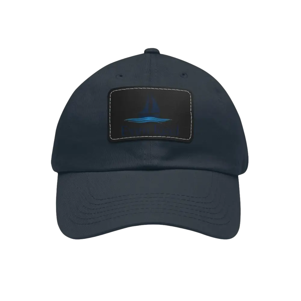 Navy blue baseball cap featuring a rectangular sailboat patch for Even Keel Branded Dad Hat