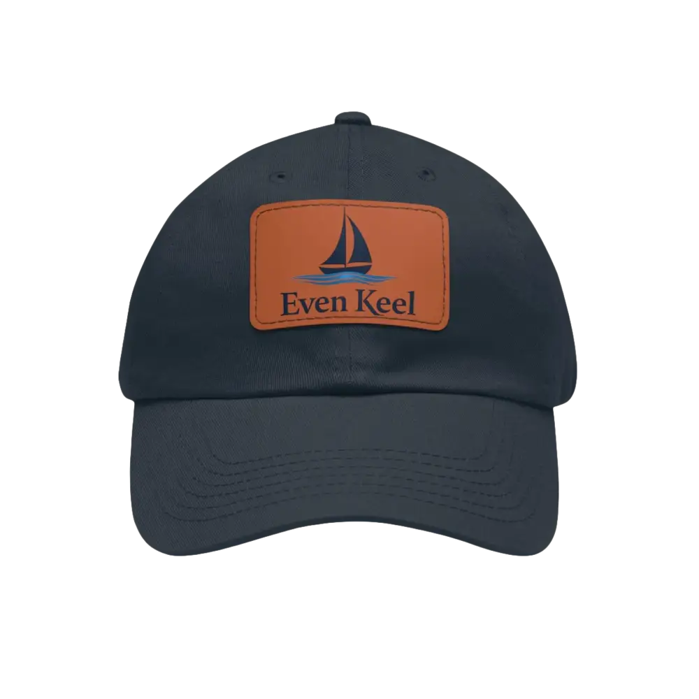 Navy baseball cap featuring a sailboat patch, Even Keel Branded Dad Hat
