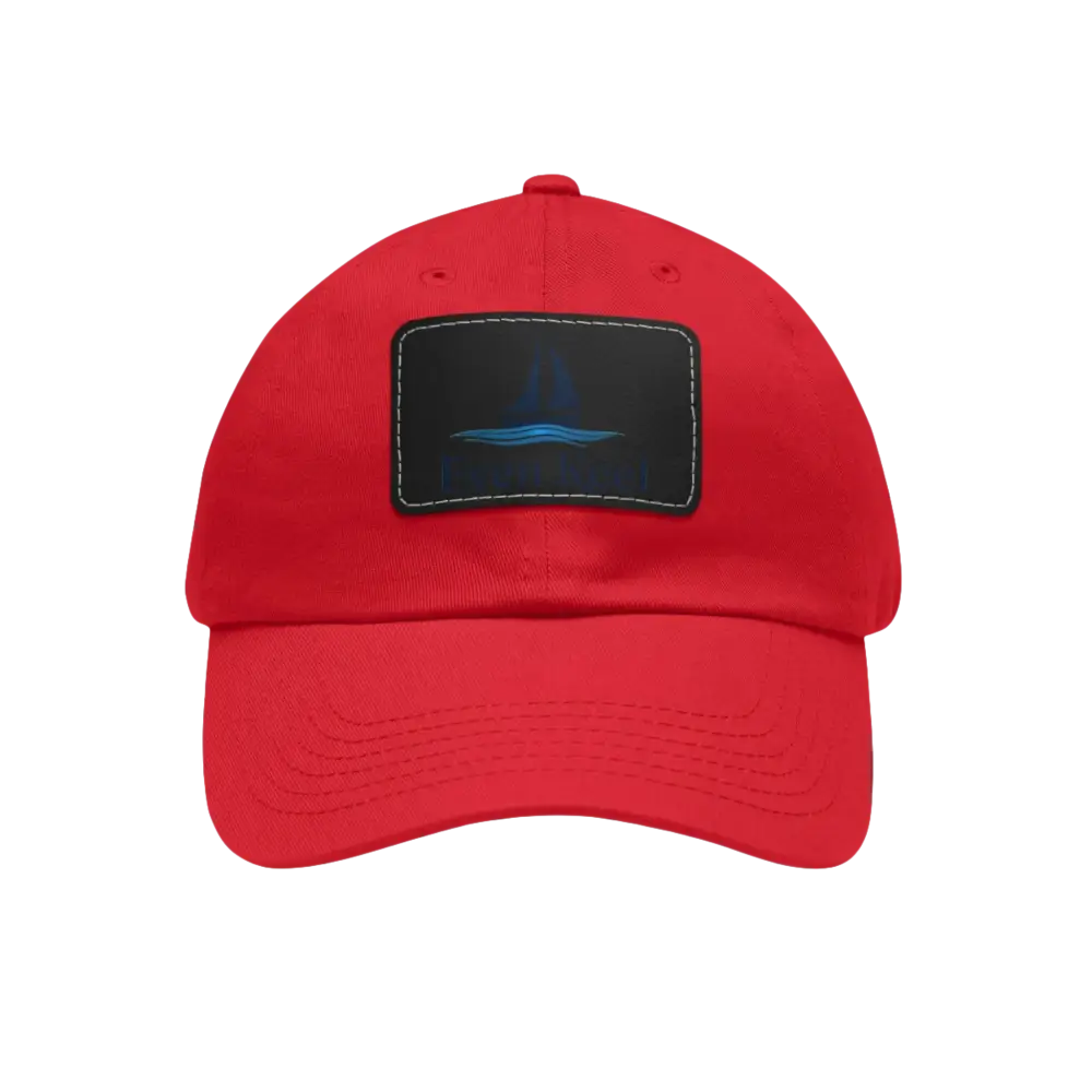 Red Even Keel Branded Dad Hat featuring a dark sailboat patch for stylish wear