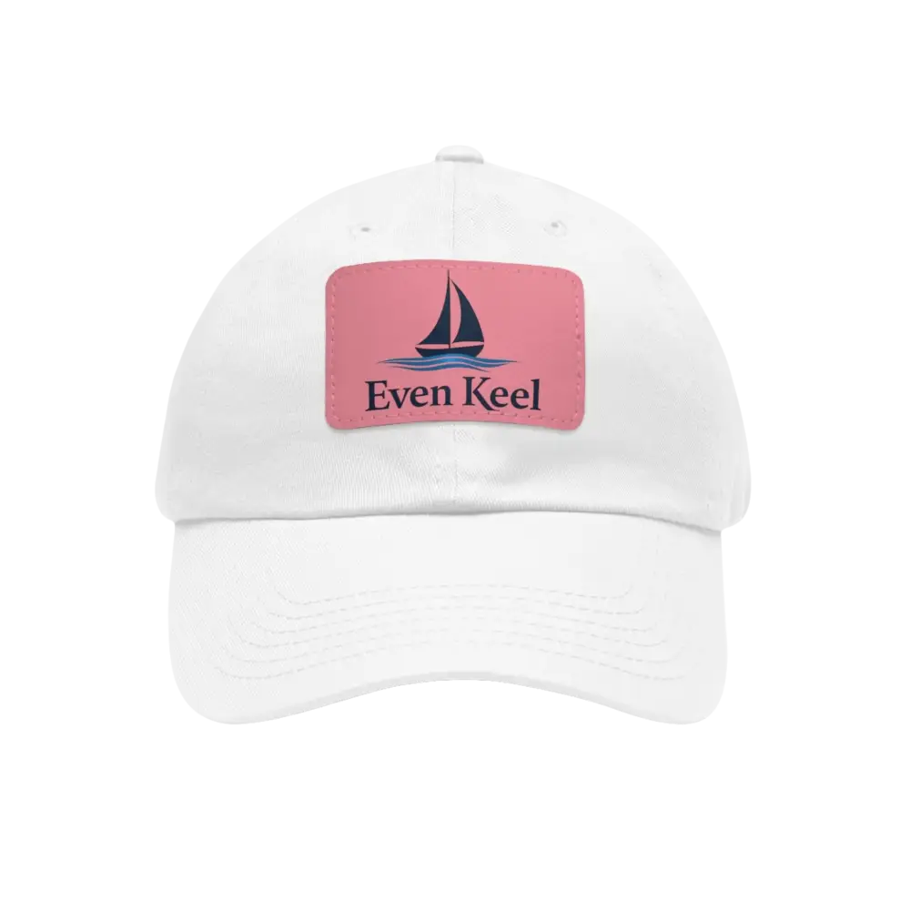 White baseball cap featuring a sailboat patch from the Even Keel Branded Dad Hat collection