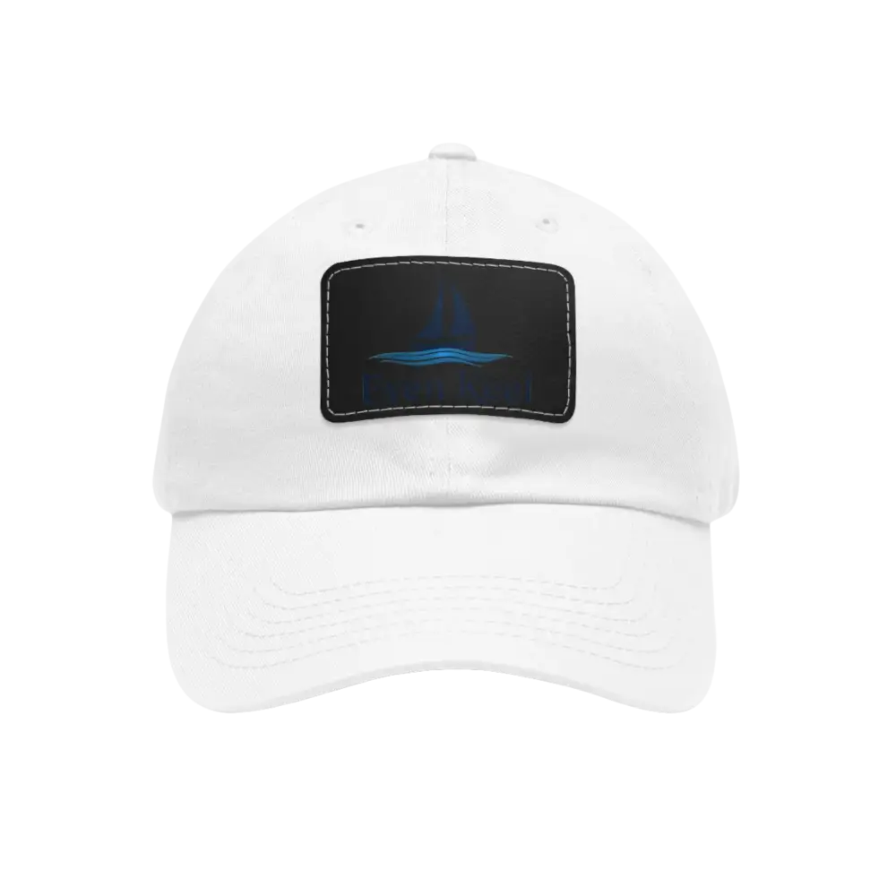 White baseball cap featuring a dark patch, part of Even Keel Branded Dad Hat collection