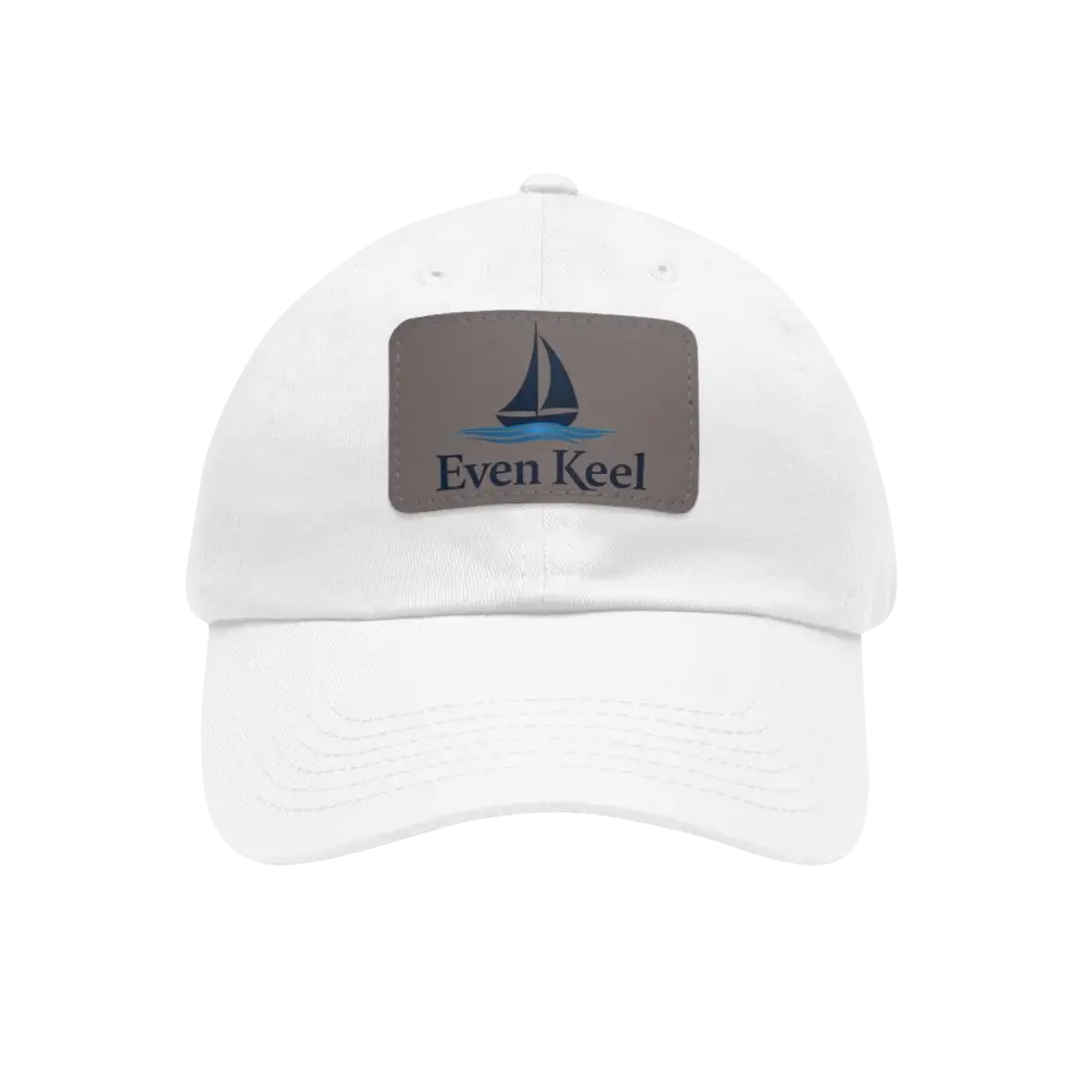 White baseball cap featuring a sailboat patch from the Even Keel Branded Dad Hat collection